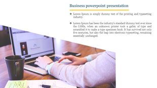 Workspace setup with a laptop, papers, and a coffee cup, overlaid with a white text section featuring a yellow accent line.