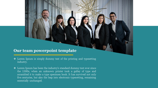 Our team slide with a photo of business professionals, featuring a triangular teal section at the bottom.