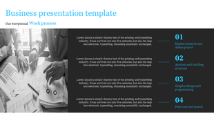 Business planning image on the left with hands pointing at data sheets, and a dark text area on the right.