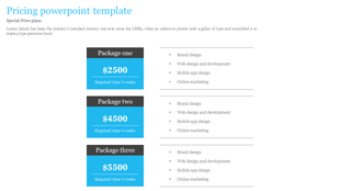 Pricing table with three blue package boxes each displaying price and duration, with service details listed on the right.