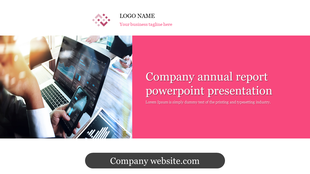 Slide showing a company annual report with business graphs on a laptop and phone, and a website link at the bottom.