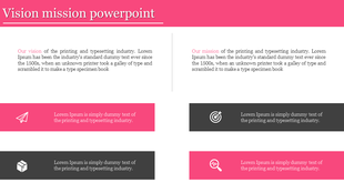 Vision and mission slide with a pink header, two text sections, and four rectangular blocks with icons.