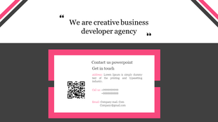 Contact information slide with a QR code and company details with placeholder text.