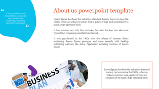 About us slide with an orange title, blue quote bubble on the left, and a business planning image at the bottom.