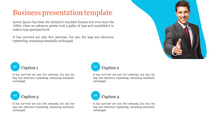 Business presentation template featuring four captions with icons and a man in a suit.