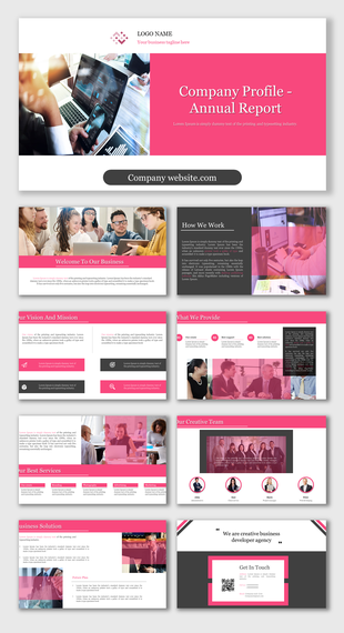 Company profile annual report slide deck with pink accents, showcasing business details, services, and creative team.