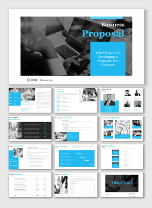 Professional business proposal PPT slides for services, project timeline, case studies, and pricing plans.