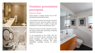 Furniture presentation slide showcasing three modern bathroom designs with minimalistic features and clean lines.