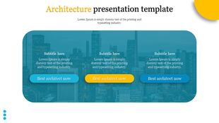 Architecture PowerPoint template with city skyline and call to action buttons with placeholder text.