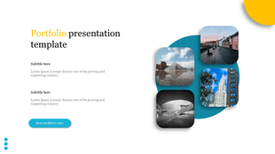 Portfolio template with a blue circular plateform featuring four architectural visuals and a yellow accents on the corner.