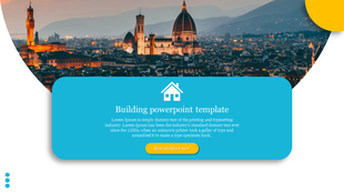 Building slide featuring a cityscape of Florence, Italy, with a blue box containing a house icon, text, and a yellow button.