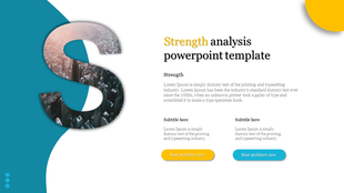 Strength analysis slide with a cityscape image, a white and teal background, and yellow and blue call to action buttons.