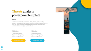 PowerPoint template for threats analysis with a city skyline and colorful elements with placeholder text.