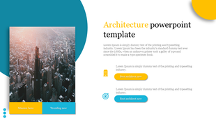 Architecture slide featuring a city skyline image, a curved teal design, and yellow and blue call to action buttons.