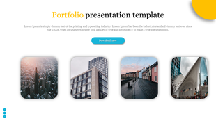 Portfolio template with four images of different buildings, a prominent download button, and yellow accents.
