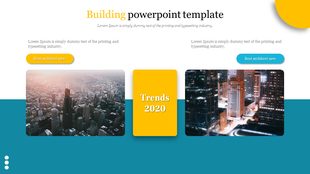 Building  template with a modern design, featuring two cityscape images, a yellow card, and blue and yellow buttons.