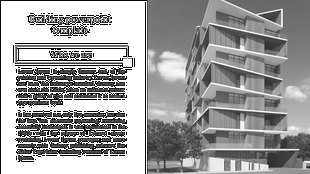 Corporate building slide featuring a black text section on the left and a grayscale image of a modern apartment building. 