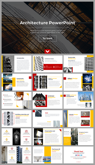 Slides showing architectural themes with bold layouts, combining modern visuals, yellow accents, and professional designs.