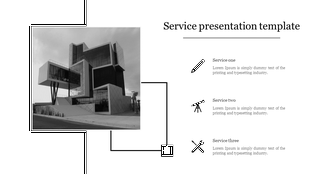 Service slide with a grayscale modern building image, three service sections with icons, and black outlined elements. 
