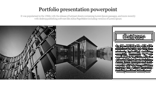 Portfolio PowerPoint slide with black and white images of modern architecture and a section titled build view.