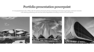 Portfolio slide with three grayscale architectural images in a row beneath the title and a brief introductory text.