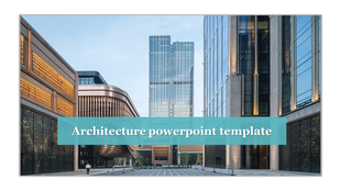 Business architecture template with a city skyline of contemporary buildings and a bold turquoise title banner in the center.