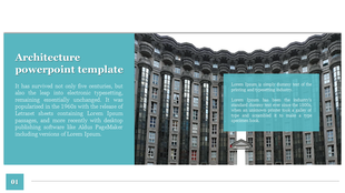 Architecture PowerPoint template featuring a modern building and a section with text about the history of typesetting.