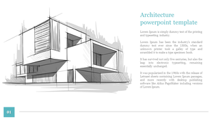 Slide from an architecture presentation displaying a pencil sketch of a building and placeholder text.