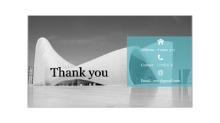Thank you slide with a grayscale modern building background, bold black text, and a turquoise contact details box.