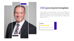 CEO portrait split into several vertical rectangles, with text and a star rating box with blue accents, on the right.