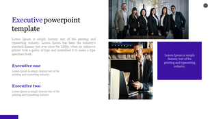 Executive slide with two business images, a purple text box, bold headings, and placeholder text on a white background. 