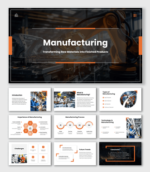 Manufacturing PowerPoint Template with robotic arm sparks, orange accents, clean layout, icons and modern slides.