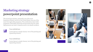 Slide with two images on the right showing collaboration and handshake, and purple icons on a white background.