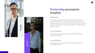 Corporate partnership template with two executive images,  name tags, a descriptive text section, and purple highlights.