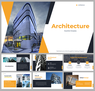 Slide deck emphasizing modern architecture with sleek building visuals showing its types and designs.