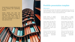 Professional portfolio slide with a modern building photo, a brown content area on the left, and a blue text section.