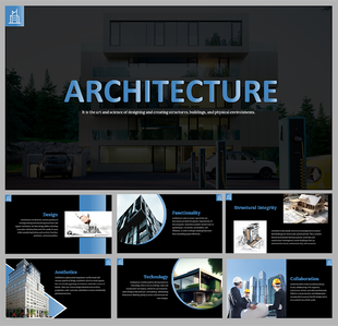 Architecture slide deck in black and blue theme highlighting design, functionality, and collaboration in construction.