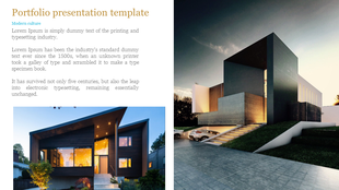 Professional portfolio slide featuring two modern house images, a descriptive text block on the left, and a clean layout. 