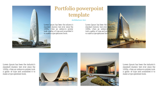 Professional portfolio slide featuring four futuristic building images, a bold title, and structured descriptive text.