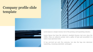 Company profile slide with a modern glass building image, a beige title section on the left, and a white text box overlay at the bottom.