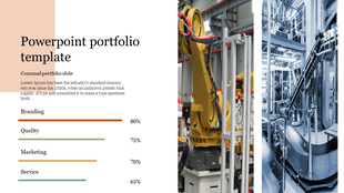Corporate portfolio slide displaying four architectural images, a heading, and structured text sections around them.
