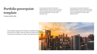 Slide with a city skyline background during sunset and placeholder text for communal portfolio details.
