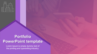 Minimalist portfolio slide featuring a purple design, a woman holding a smartphone, and a geometric text box overlay. 
