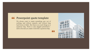 Minimalist quote template with a beige text section, brown background, and an image of a white architectural building. 