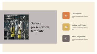 Industrial service template with three numbered sections and an image of factory workers in yellow vests.