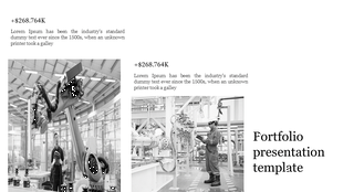 Portfolio presentation template with black and white industrial images, a robotic arm, factory workers, and financial figure.