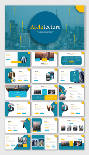 Architecture PowerPoint featuring a variety of slides for company profiles, services, history, and portfolio.