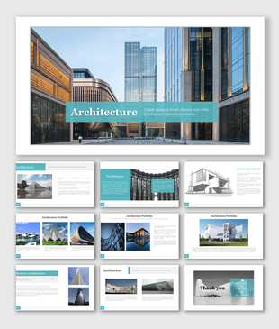 Architecture slides featuring a modern design with sections like architecture sketches, portfolio, and modern architecture.