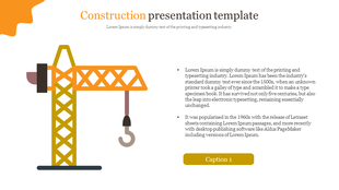 Construction-themed slide featuring a crane icon on the left and bullet point text on the right, with an orange accent.