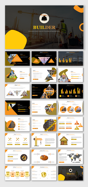 Builder slide deck including graphics of cranes, workers, tools, and charts, designed with vibrant orange and gold accents.